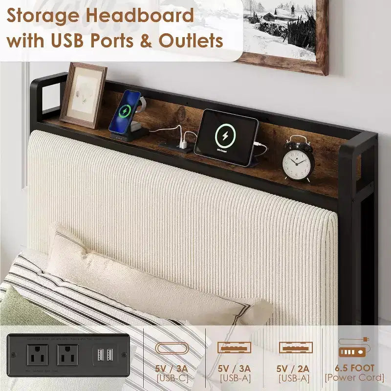 Cadre de lit double XL avec tête de lit de rangement, plateforme de lit double rembourrée en velours côtelé noir avec tiroirs de rangement
