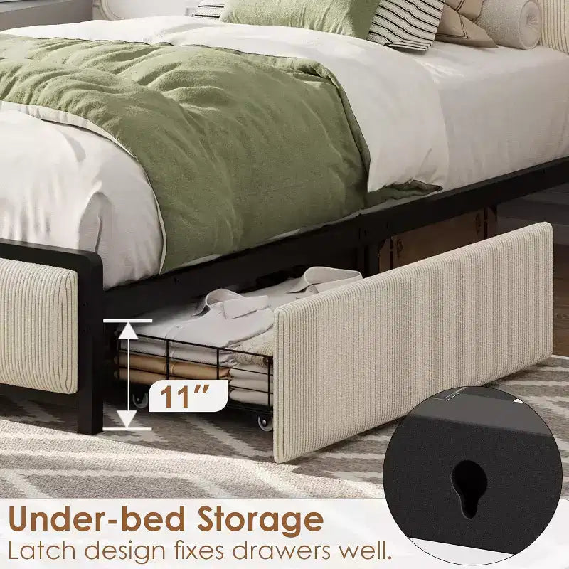 Cadre de lit double XL avec tête de lit de rangement, plateforme de lit double rembourrée en velours côtelé noir avec tiroirs de rangement