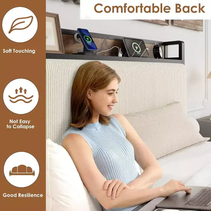 Cadre de lit double XL avec tête de lit de rangement, plateforme de lit double rembourrée en velours côtelé noir avec tiroirs de rangement