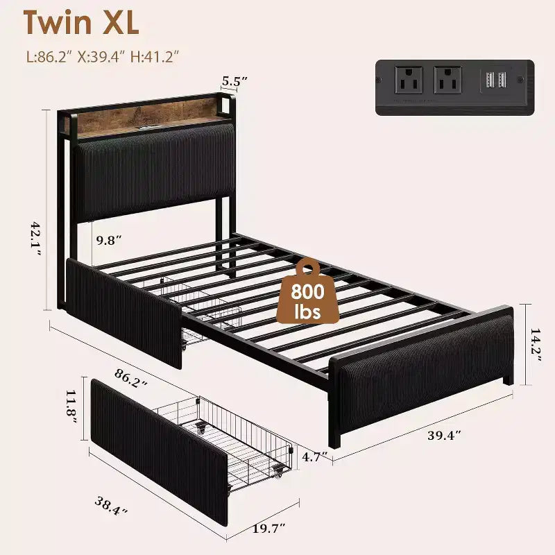 Cadre de lit double XL avec tête de lit de rangement, plateforme de lit double rembourrée en velours côtelé noir avec tiroirs de rangement
