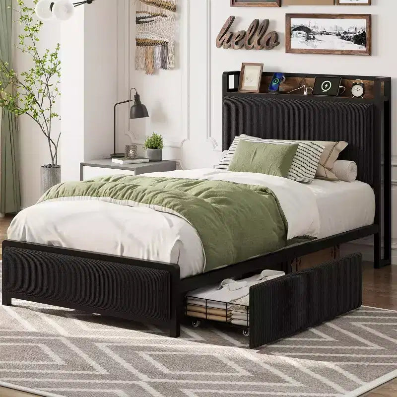 Twin-XL Size Bed Frame with Storage Headboard, Black Corduroy Upholstered Twin Platform Bedframe with Storage Drawers