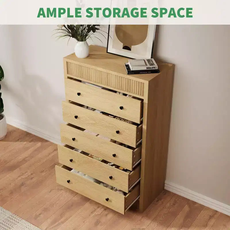 Modern Wood Storage Dresser,5-Drawer Fluted Chest, 31.5 Wide, Ideal for Kids Room, Hallway, and Living Room