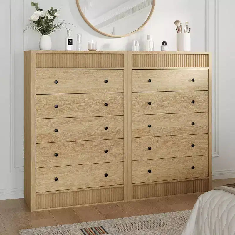 Modern Wood Storage Dresser,5-Drawer Fluted Chest, 31.5 Wide, Ideal for Kids Room, Hallway, and Living Room
