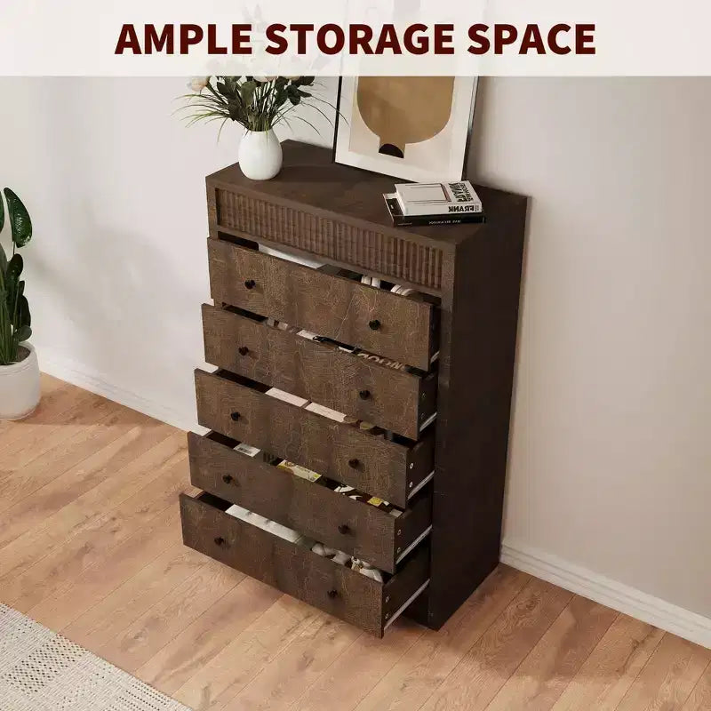 Modern Wood Storage Dresser,5-Drawer Fluted Chest, 31.5 Wide, Ideal for Kids Room, Hallway, and Living Room