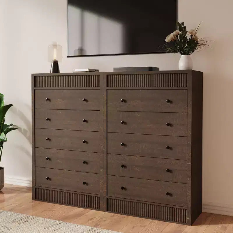 Modern Wood Storage Dresser,5-Drawer Fluted Chest, 31.5 Wide, Ideal for Kids Room, Hallway, and Living Room