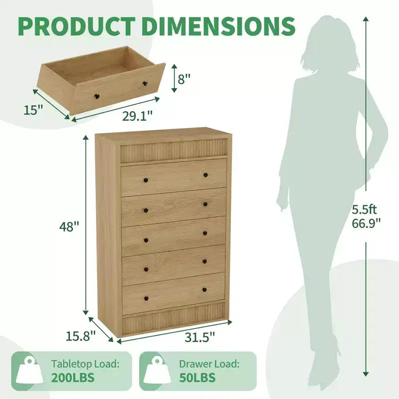 Modern Wood Storage Dresser,5-Drawer Fluted Chest, 31.5 Wide, Ideal for Kids Room, Hallway, and Living Room