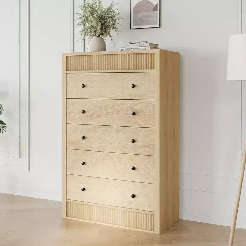 Modern Wood Storage Dresser,5-Drawer Fluted Chest, 31.5 Wide, Ideal for Kids Room, Hallway, and Living Room