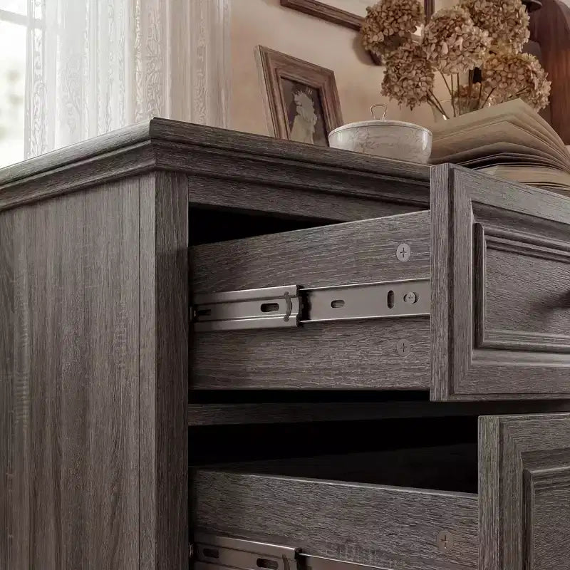 Farmhouse 5-Drawer Nightstand Bedside Table Chest Dresser with Antique Bronze Knobs, Distressed Finish