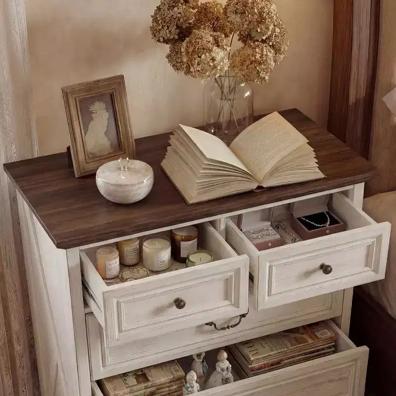 Farmhouse 5-Drawer Nightstand Bedside Table Chest Dresser with Antique Bronze Knobs, Distressed Finish