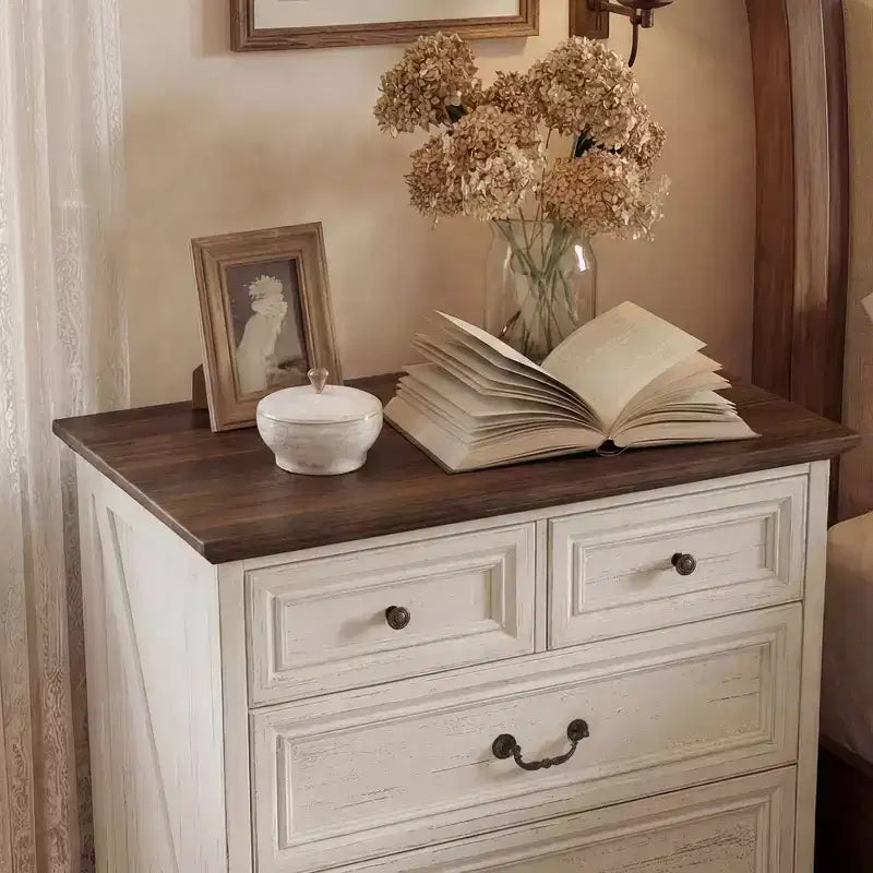 Farmhouse 5-Drawer Nightstand Bedside Table Chest Dresser with Antique Bronze Knobs, Distressed Finish