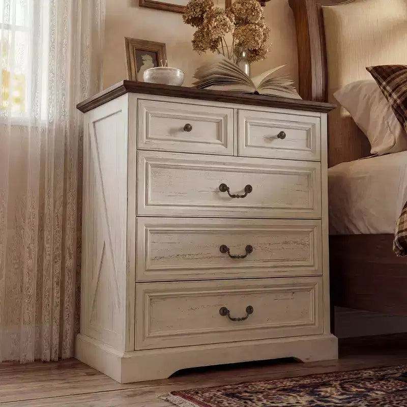 Farmhouse 5-Drawer Nightstand Bedside Table Chest Dresser with Antique Bronze Knobs, Distressed Finish