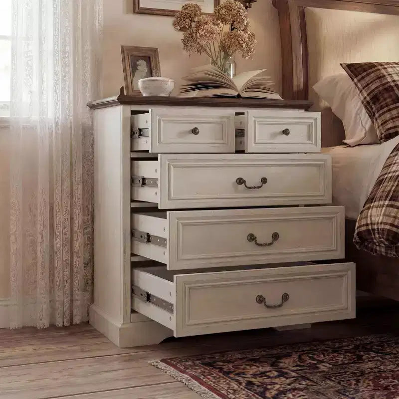 Farmhouse 5-Drawer Nightstand Bedside Table Chest Dresser with Antique Bronze Knobs, Distressed Finish