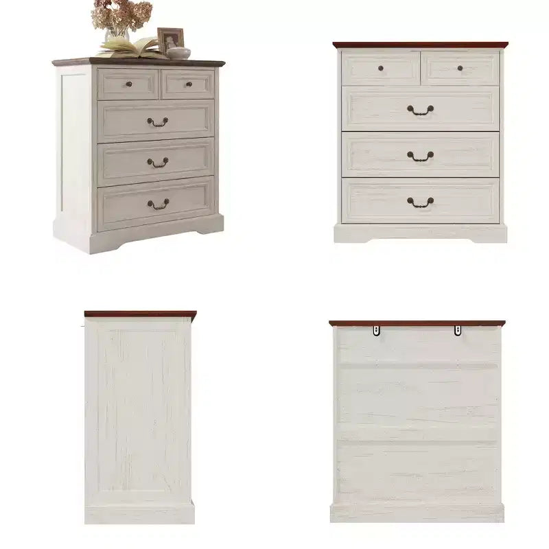 Farmhouse 5-Drawer Nightstand Bedside Table Chest Dresser with Antique Bronze Knobs, Distressed Finish