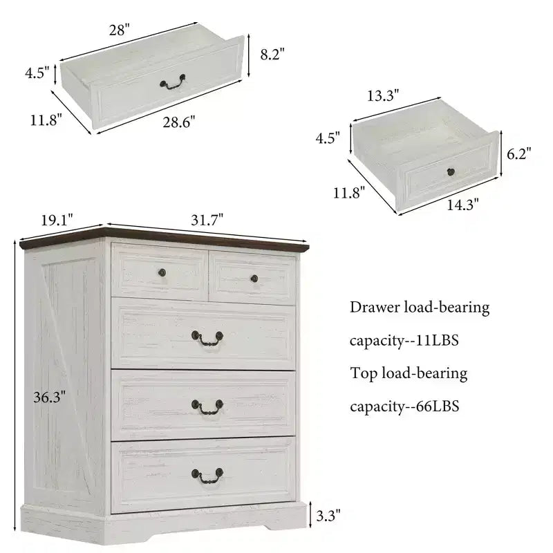 Farmhouse 5-Drawer Nightstand Bedside Table Chest Dresser with Antique Bronze Knobs, Distressed Finish