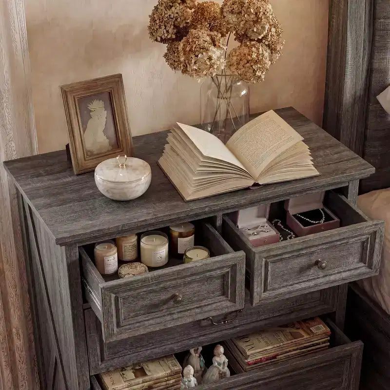 Farmhouse 5-Drawer Nightstand Bedside Table Chest Dresser with Antique Bronze Knobs, Distressed Finish