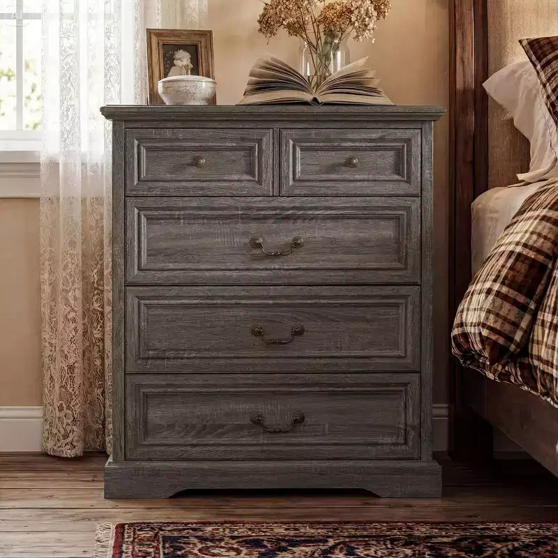 Farmhouse 5-Drawer Nightstand Bedside Table Chest Dresser with Antique Bronze Knobs, Distressed Finish