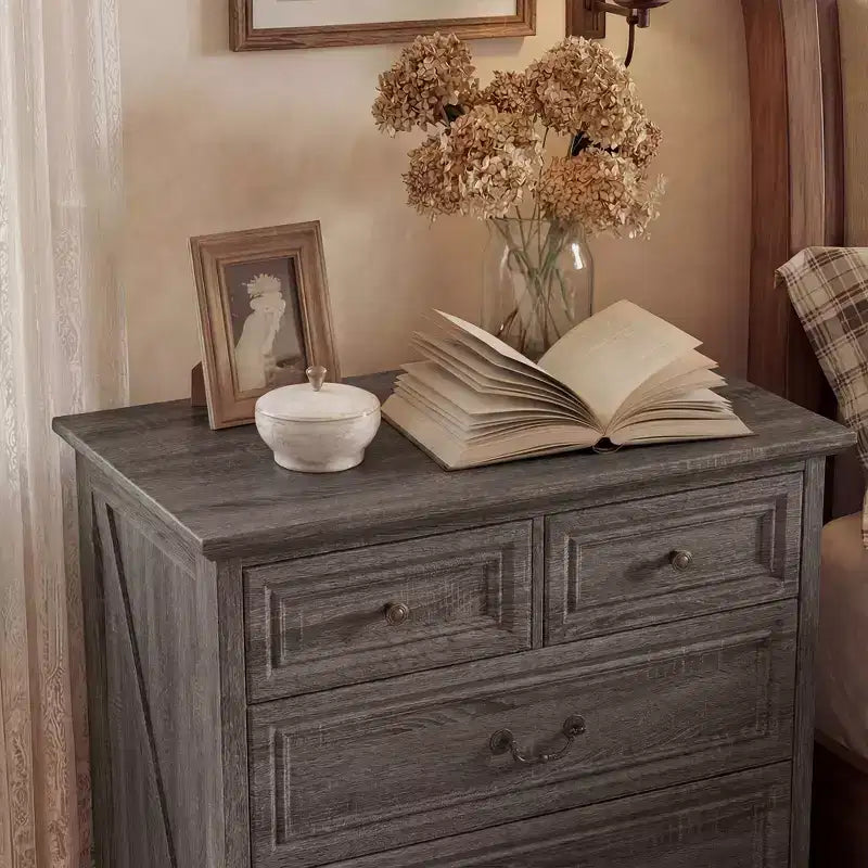 Farmhouse 5-Drawer Nightstand Bedside Table Chest Dresser with Antique Bronze Knobs, Distressed Finish