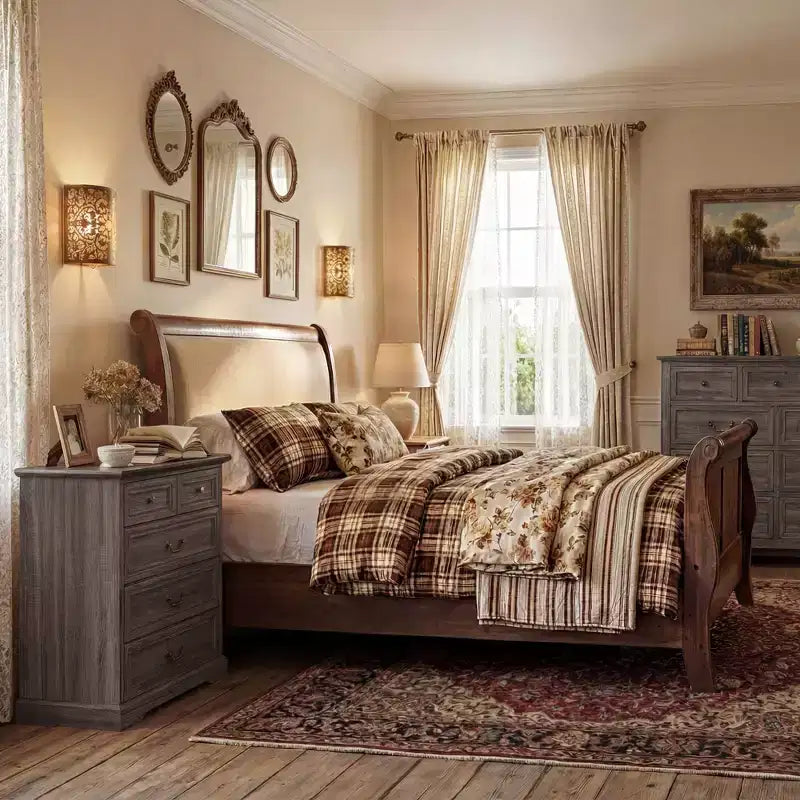 Farmhouse 5-Drawer Nightstand Bedside Table Chest Dresser with Antique Bronze Knobs, Distressed Finish