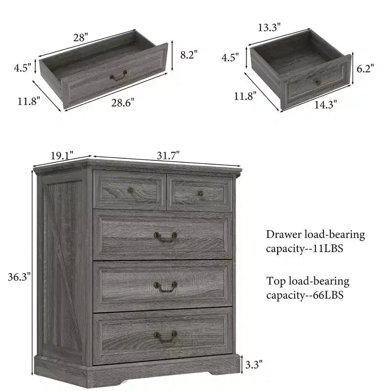 Farmhouse 5-Drawer Nightstand Bedside Table Chest Dresser with Antique Bronze Knobs, Distressed Finish