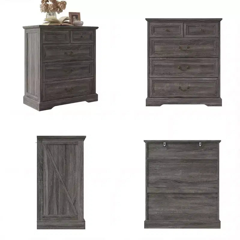 Farmhouse 5-Drawer Nightstand Bedside Table Chest Dresser with Antique Bronze Knobs, Distressed Finish