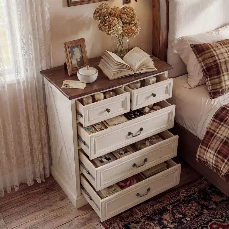 Farmhouse 5-Drawer Nightstand Bedside Table Chest Dresser with Antique Bronze Knobs, Distressed Finish