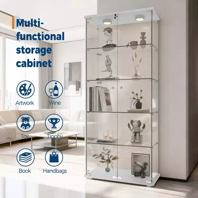 5-Tier 2-Door Display Cabinet, Transparent Storage Unit with LED Light Strip and Lock, Tempered Glass, Suitable for Living Room, Bedrooms and Offices