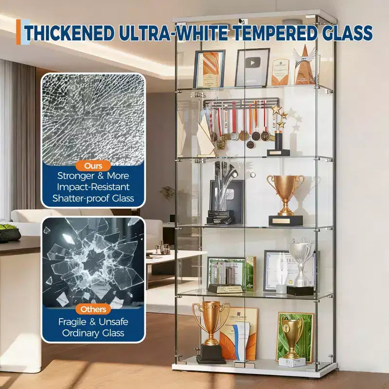 5-Tier 2-Door Display Cabinet, Transparent Storage Unit with LED Light Strip and Lock, Tempered Glass, Suitable for Living Room, Bedrooms and Offices