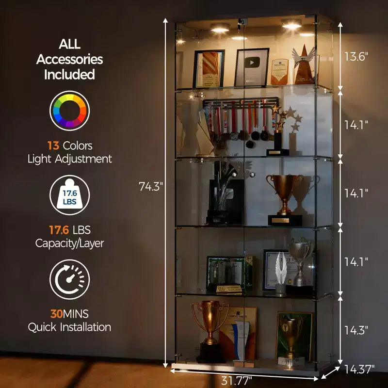 5-Tier 2-Door Display Cabinet, Transparent Storage Unit with LED Light Strip and Lock, Tempered Glass, Suitable for Living Room, Bedrooms and Offices