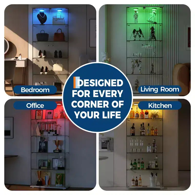 5-Tier 2-Door Display Cabinet, Transparent Storage Unit with LED Light Strip and Lock, Tempered Glass, Suitable for Living Room, Bedrooms and Offices