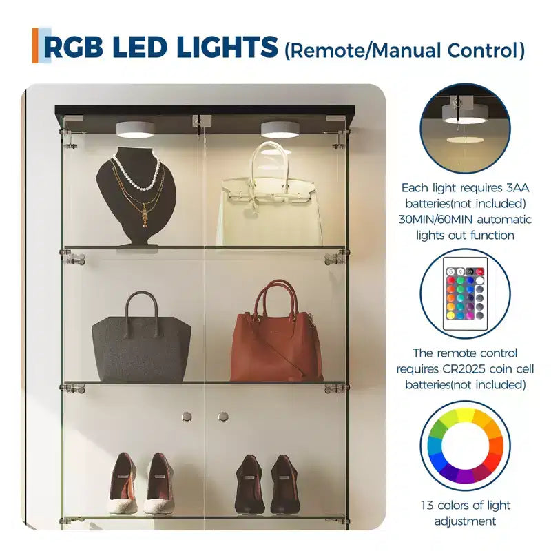 5-Tier 2-Door Display Cabinet, Transparent Storage Unit with LED Light Strip and Lock, Tempered Glass, Suitable for Living Room, Bedrooms and Offices