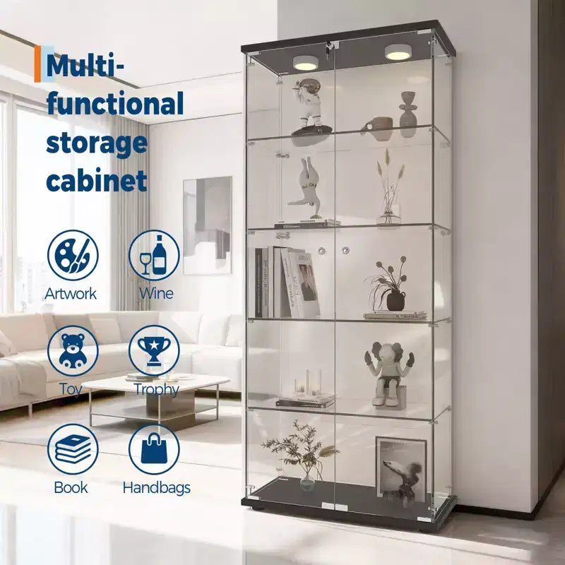 5-Tier 2-Door Display Cabinet, Transparent Storage Unit with LED Light Strip and Lock, Tempered Glass, Suitable for Living Room, Bedrooms and Offices