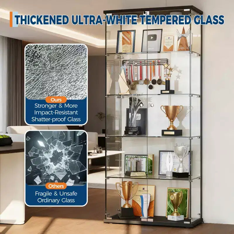 5-Tier 2-Door Display Cabinet, Transparent Storage Unit with LED Light Strip and Lock, Tempered Glass, Suitable for Living Room, Bedrooms and Offices