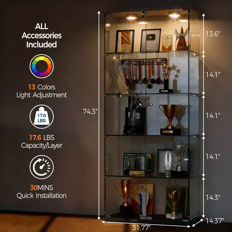 5-Tier 2-Door Display Cabinet, Transparent Storage Unit with LED Light Strip and Lock, Tempered Glass, Suitable for Living Room, Bedrooms and Offices