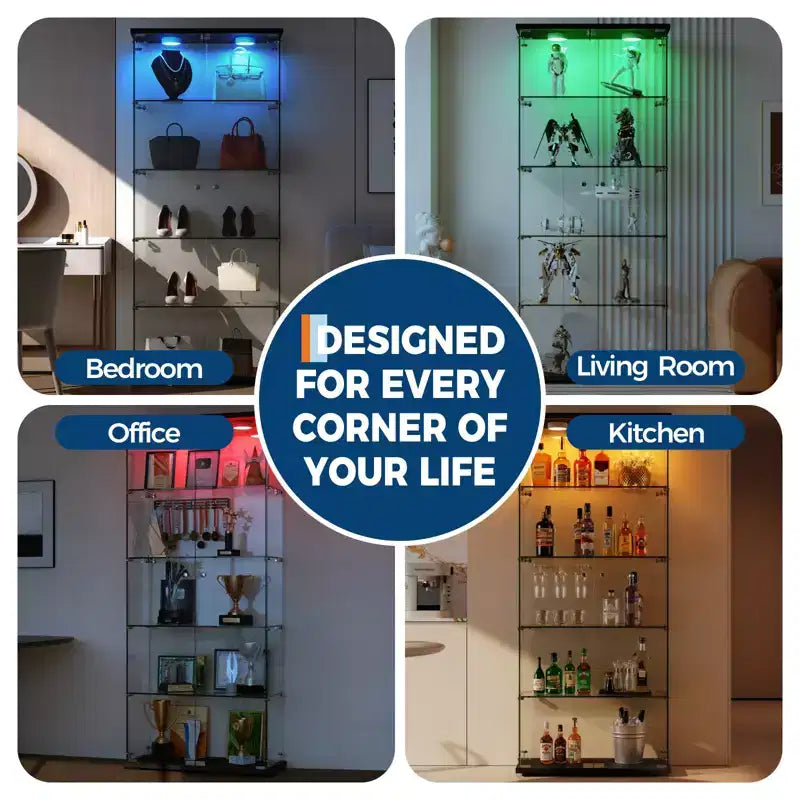 5-Tier 2-Door Display Cabinet, Transparent Storage Unit with LED Light Strip and Lock, Tempered Glass, Suitable for Living Room, Bedrooms and Offices