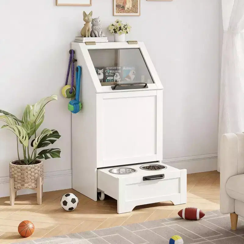Dog Feeding Station with Storage, Dog Food Storage Cabinet with 2 Elevated Bowls & 3 Hooks, Hidden Pet Feeder Station for Living Room