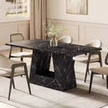 63-Inch Dining Table for 4-6 People, Wooden Triangle Pedestal Base, Black Faux Marble