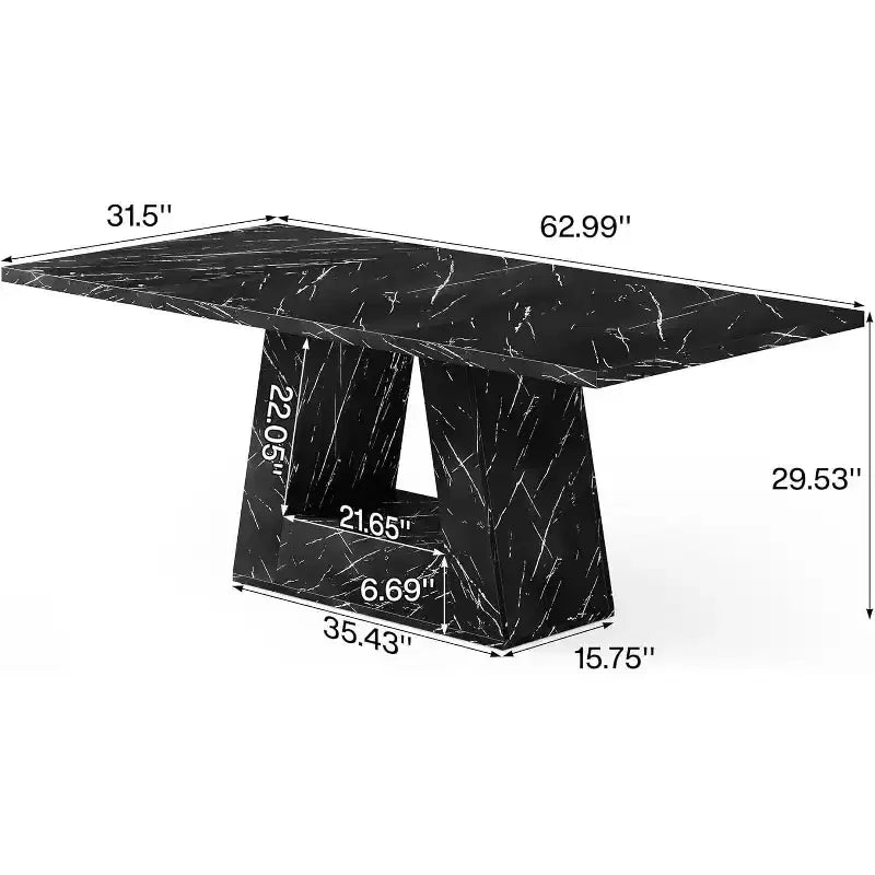 63-Inch Dining Table for 4-6 People, Wooden Triangle Pedestal Base, Black Faux Marble
