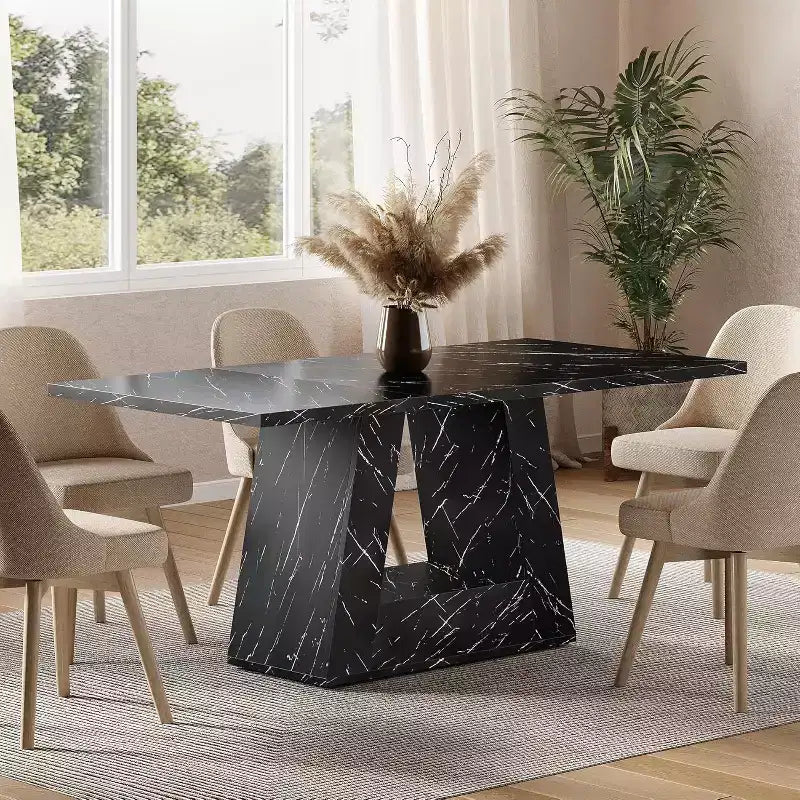 63-Inch Dining Table for 4-6 People, Wooden Triangle Pedestal Base, Black Faux Marble