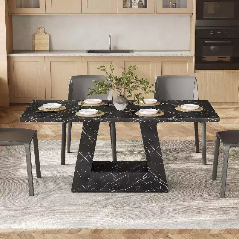 63-Inch Dining Table for 4-6 People, Wooden Triangle Pedestal Base, Black Faux Marble
