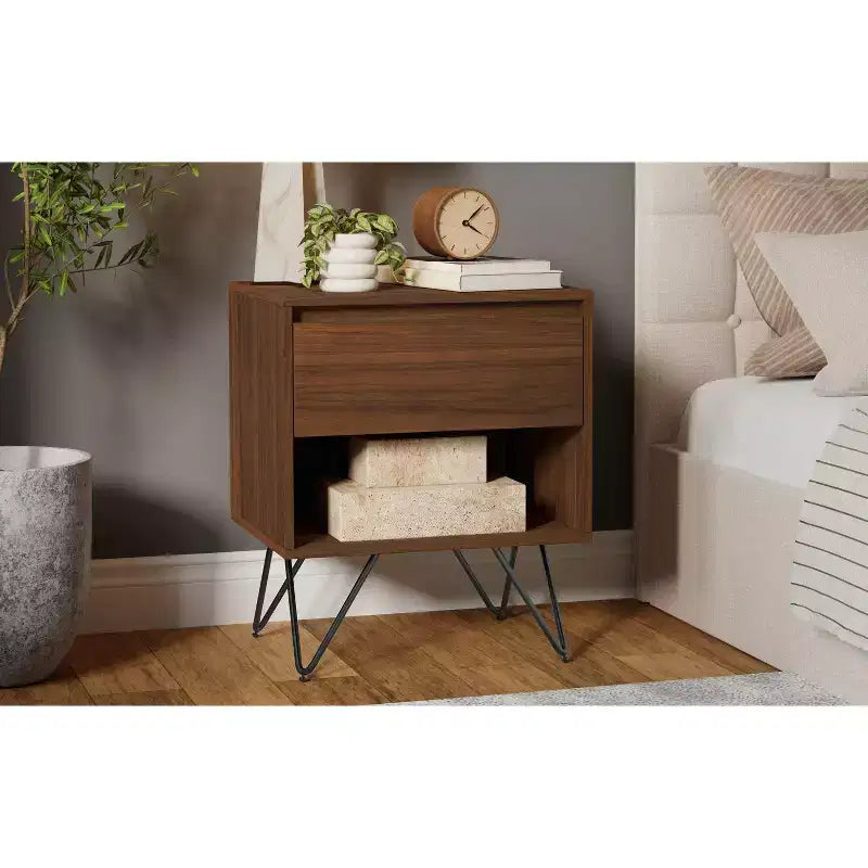 20 inch Wide Industrial Modern Nightstand in Walnut