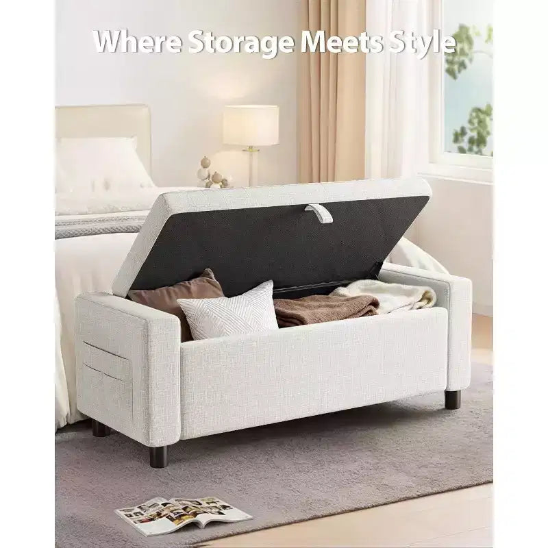 46 In storage shoe changing stool with safety hinges, suitable for bedroom, living room, and entrance benches, Maximum load capacity up to 400 LBS