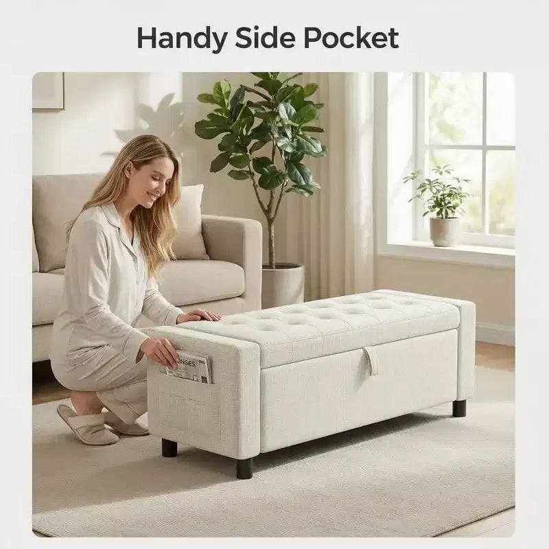 46 In storage shoe changing stool with safety hinges, suitable for bedroom, living room, and entrance benches, Maximum load capacity up to 400 LBS