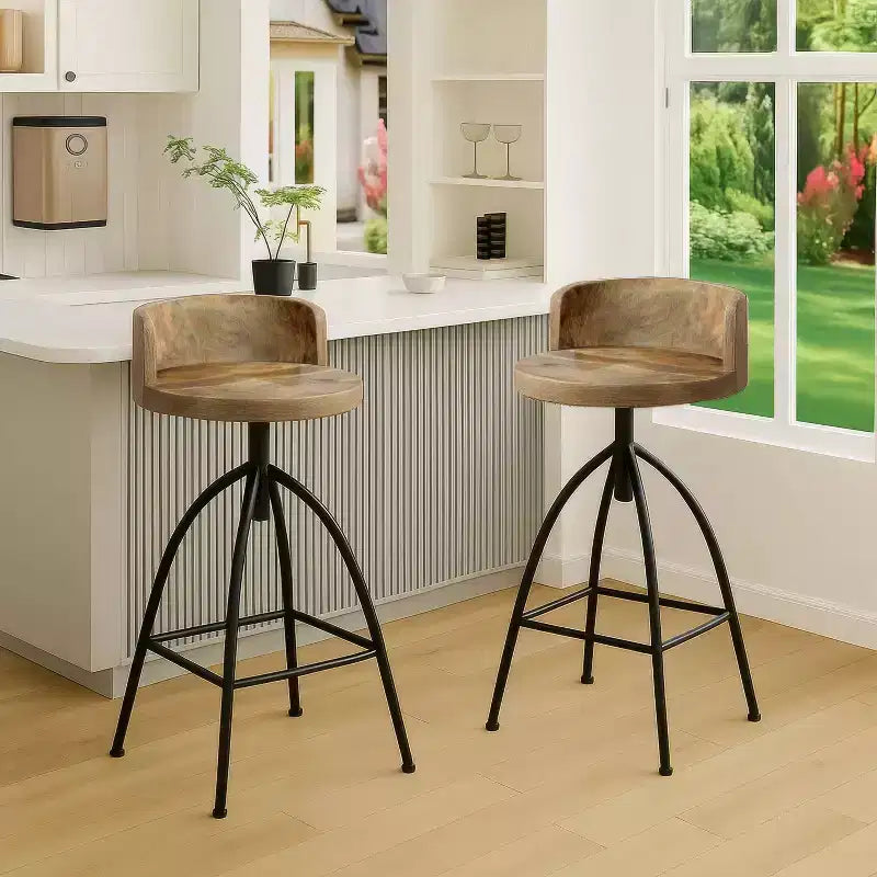 30-35" Industrial Style Adjustable Swivel Stool with Backrest Brown/Black