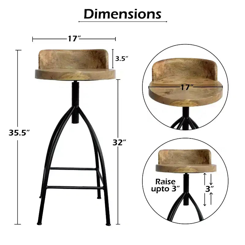 30-35" Industrial Style Adjustable Swivel Stool with Backrest Brown/Black