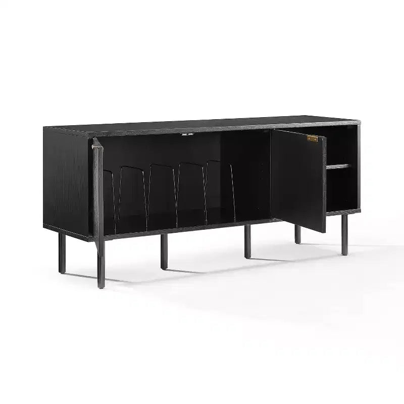 54" Record Storage Sideboard Black: Oak Wood Grain, Brass Handles, Cable Management