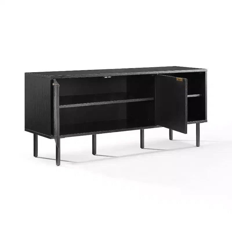 54" Record Storage Sideboard Black: Oak Wood Grain, Brass Handles, Cable Management