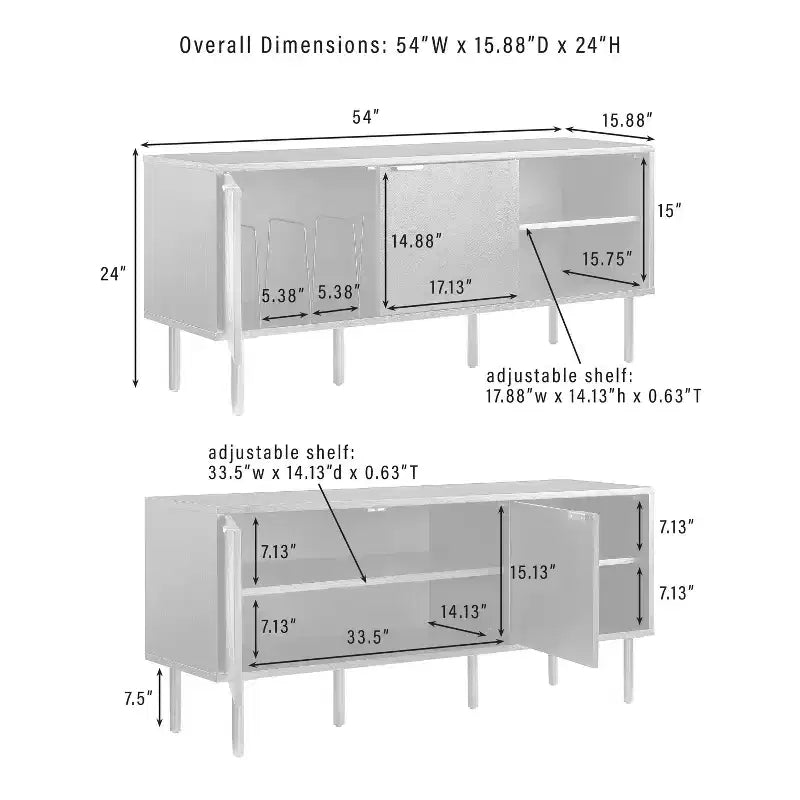 54" Record Storage Sideboard Black: Oak Wood Grain, Brass Handles, Cable Management