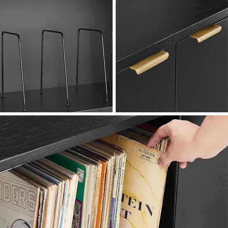 54" Record Storage Sideboard Black: Oak Wood Grain, Brass Handles, Cable Management