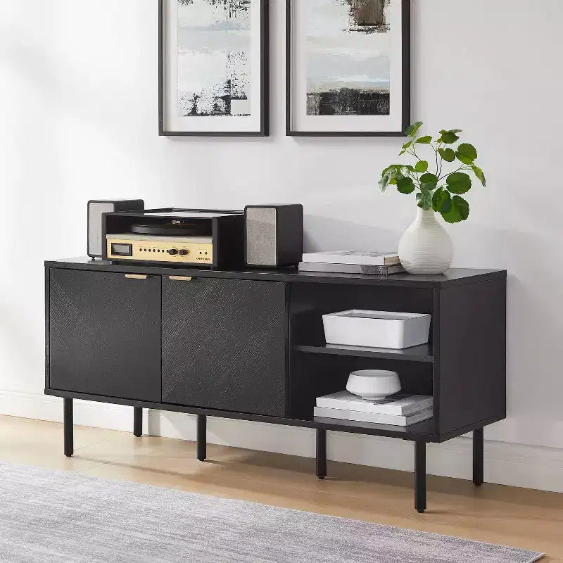 54" Record Storage Sideboard Black: Oak Wood Grain, Brass Handles, Cable Management