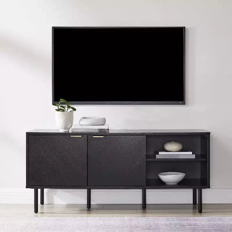 54" Record Storage Sideboard Black: Oak Wood Grain, Brass Handles, Cable Management